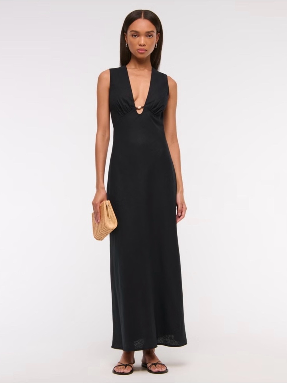 Abercrombie & Fitch Black Linen Plunge Maxi Dress Beads XL Vacation